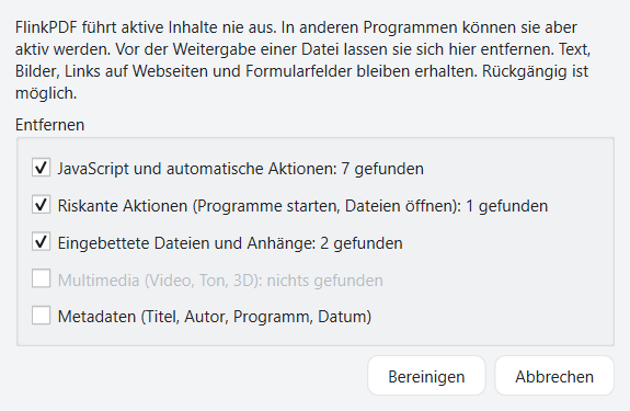 Dialog PDF bereinigen in FlinkPDF mit den Optionen JavaScript und automatische Aktionen, riskante Aktionen, eingebettete Dateien und Anhänge, Multimedia und Metadaten