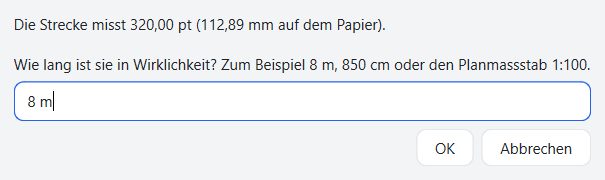 Dialog «Massstab festlegen» in FlinkPDF: Die Strecke misst 320 pt, 112,89 mm auf dem Papier; eingegeben ist 8 m