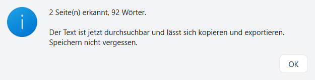 Meldung von FlinkPDF nach der Texterkennung: 2 Seiten erkannt, 92 Wörter, der Text ist jetzt durchsuchbar