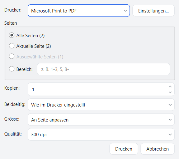 Dialog «Drucken» von FlinkPDF: Drucker, Seiten (alle, aktuelle, ausgewählte oder Bereich), Kopien, beidseitig, Grösse und Qualität