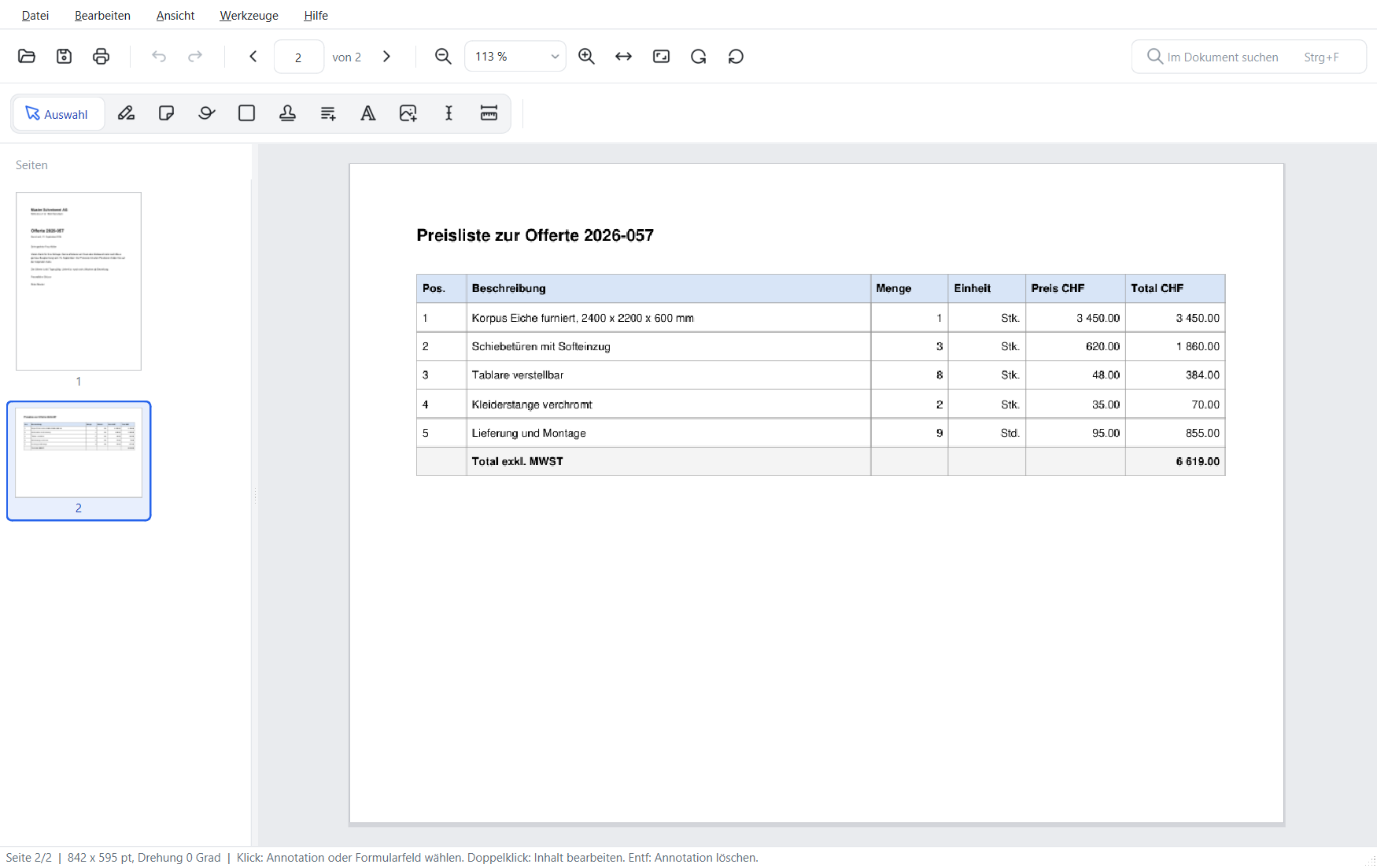 FlinkPDF mit einem PDF aus zwei Quellen: Seite 1 ist ein Brief im Hochformat, Seite 2 eine Preisliste als Tabelle im Querformat
