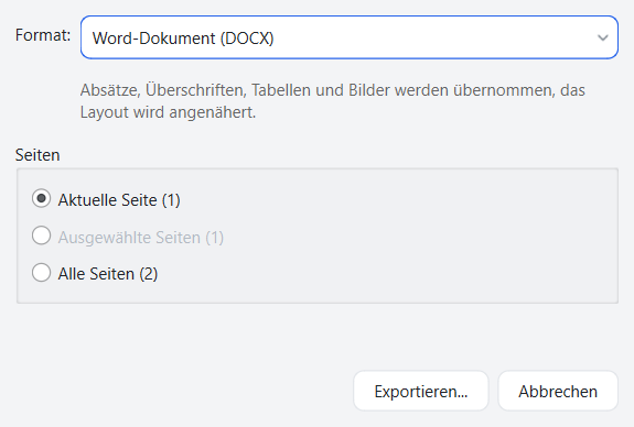 Dialog «Exportieren als» in FlinkPDF mit dem Format Word-Dokument (DOCX) und der Auswahl aktuelle Seite, ausgewählte Seiten oder alle Seiten
