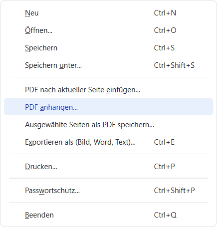 Menü Datei in FlinkPDF mit den Befehlen «PDF nach aktueller Seite einfügen» und «PDF anhängen»