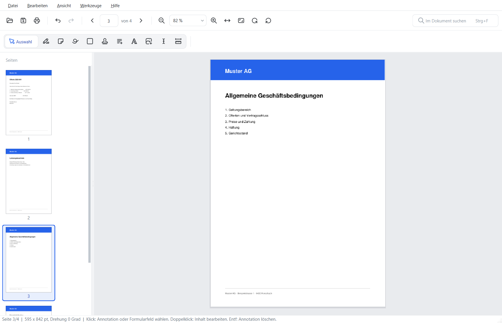 FlinkPDF mit einer zusammengefügten PDF-Datei: links die Miniaturen der vier Seiten aus Offerte, AGB und Datenblatt