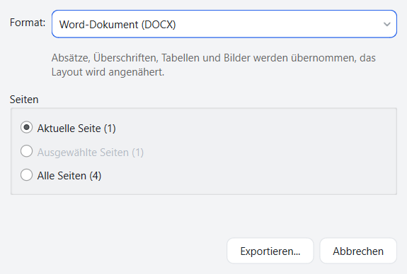 Exportdialog in FlinkPDF: Format Word-Dokument, Seitenauswahl