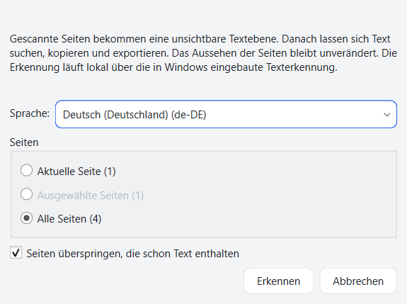 OCR-Dialog in FlinkPDF mit Sprachwahl und Seitenbereich