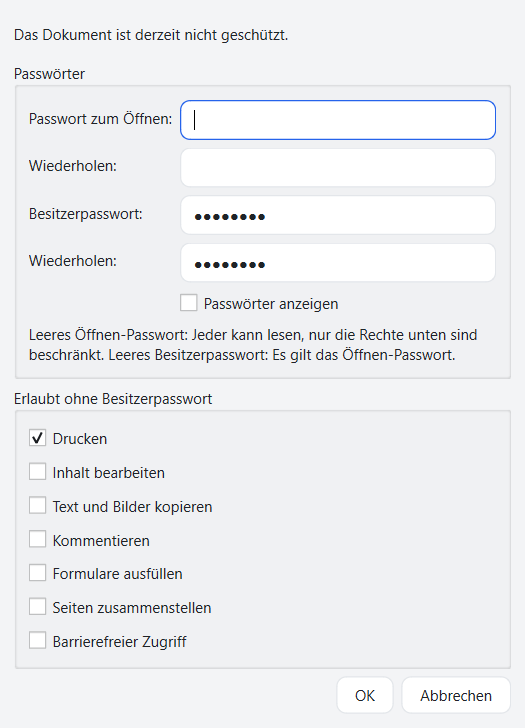 Dialog Passwortschutz in FlinkPDF mit Passwortfeldern und Berechtigungen