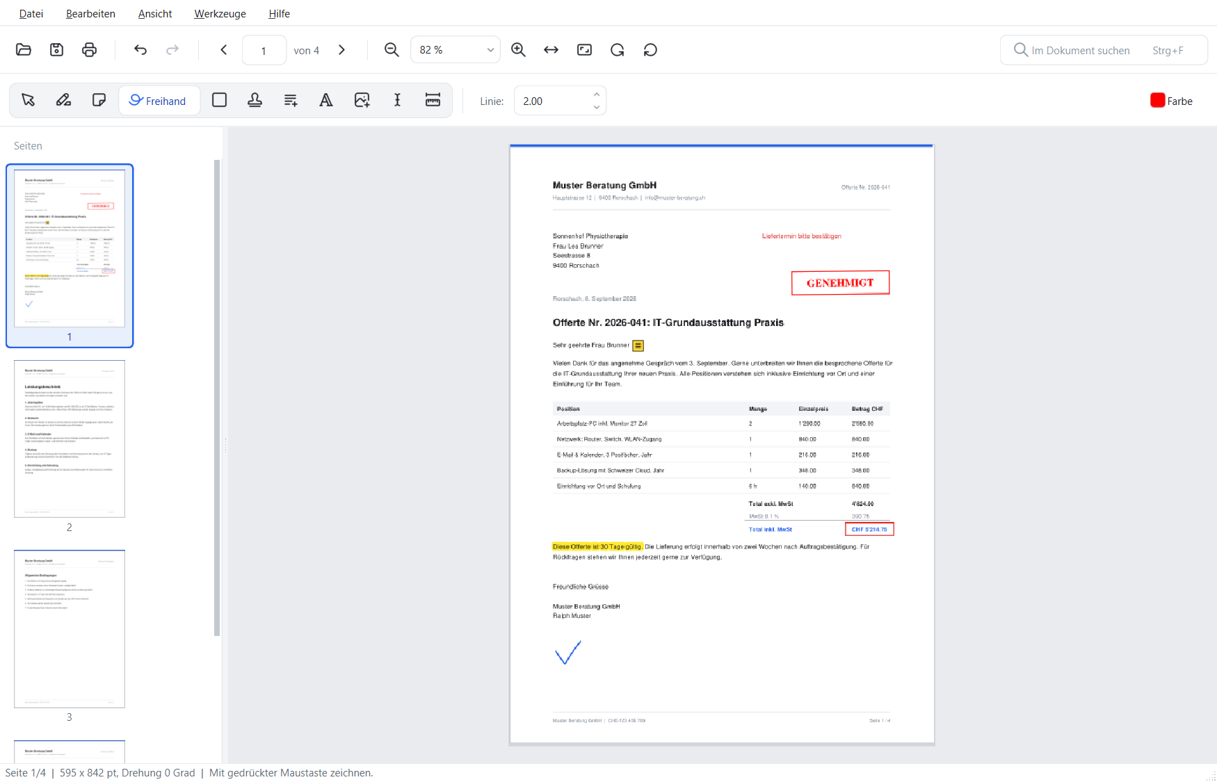 FlinkPDF: Offerte mit Markierung, Notiz, Stempel und Freihand-Zeichnung