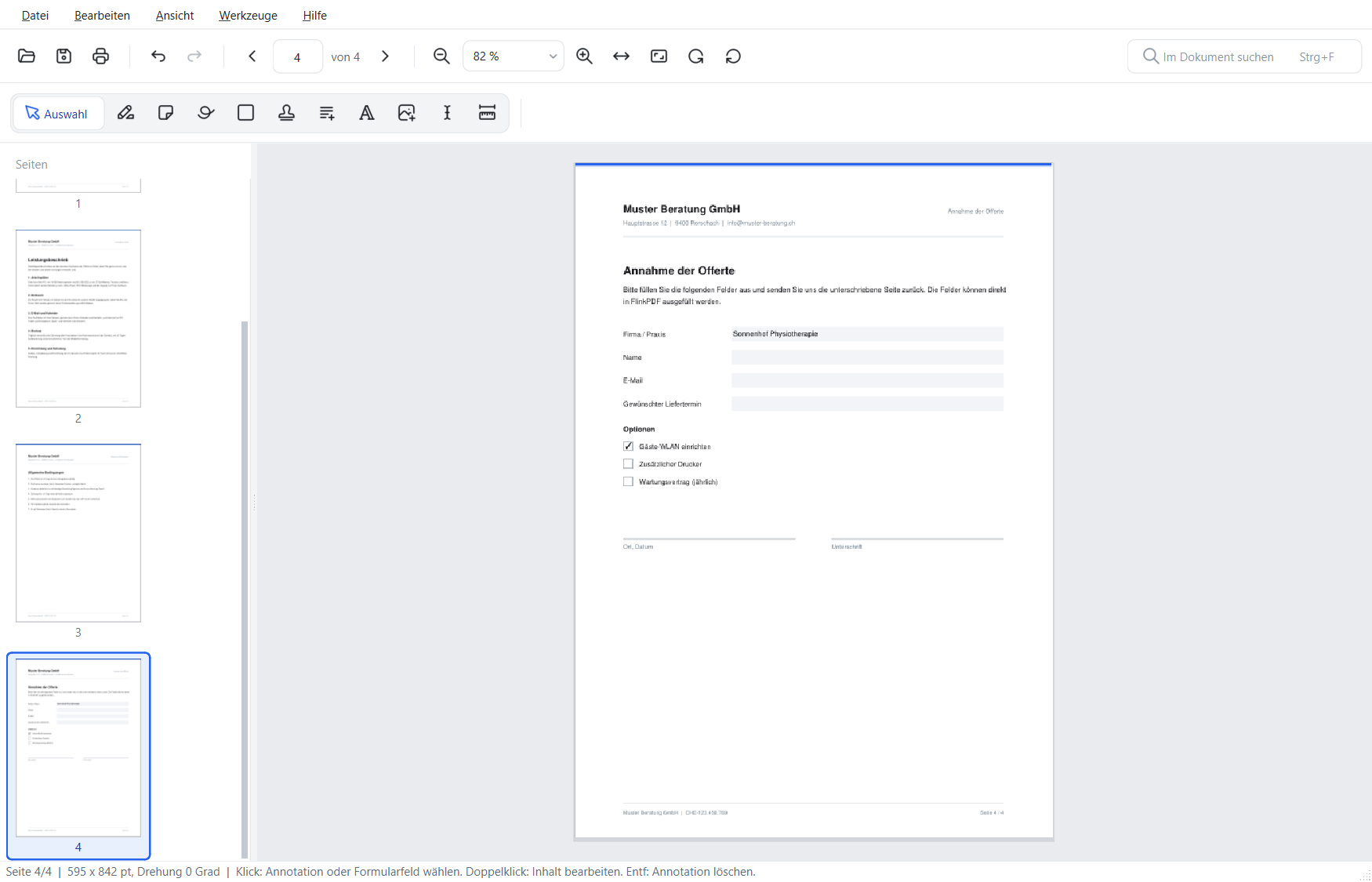 FlinkPDF mit einem ausfüllbaren Formular, Textfelder und Kontrollkästchen