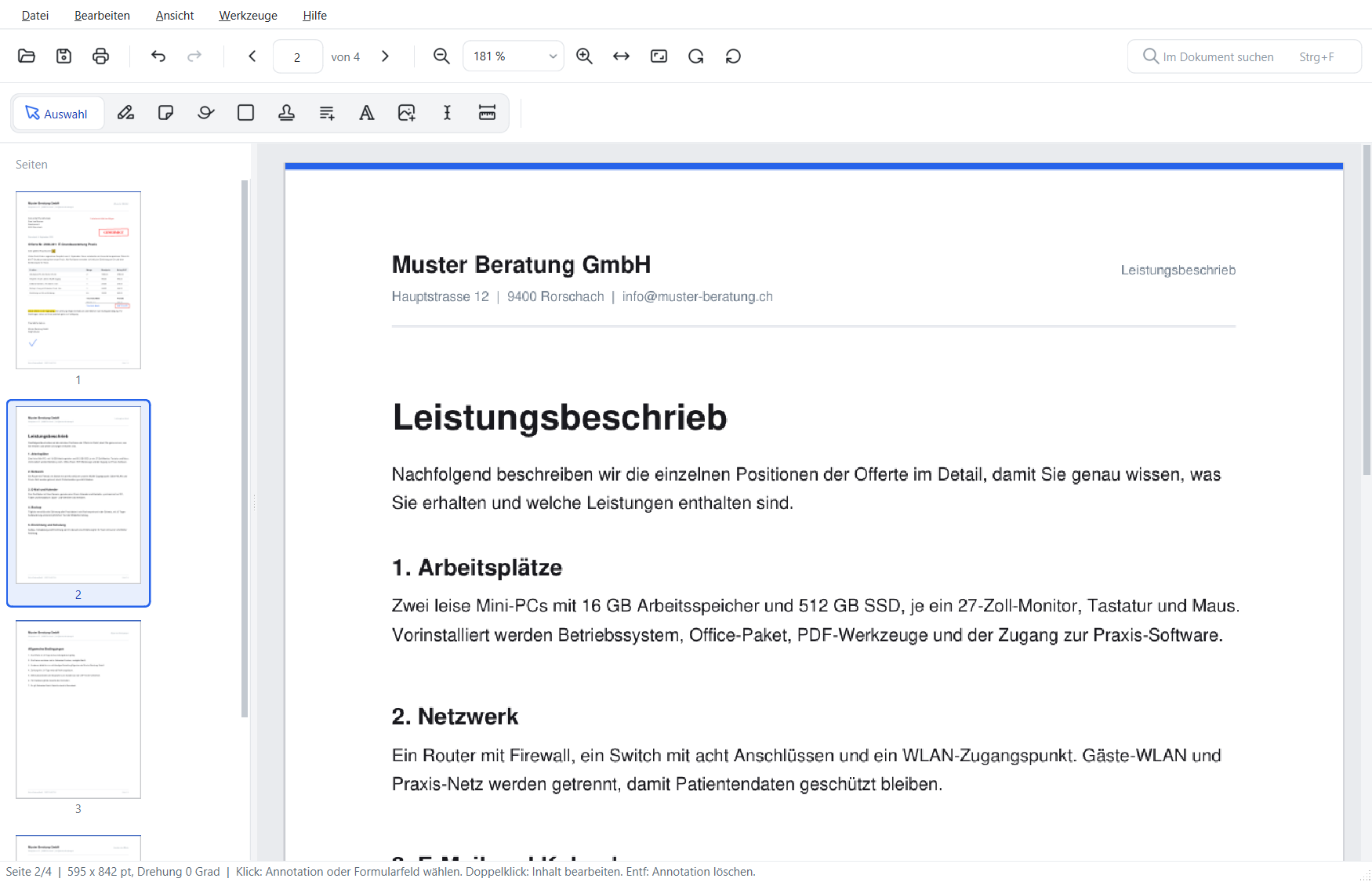 FlinkPDF in der Ansicht Seitenbreite mit Miniaturenleiste links