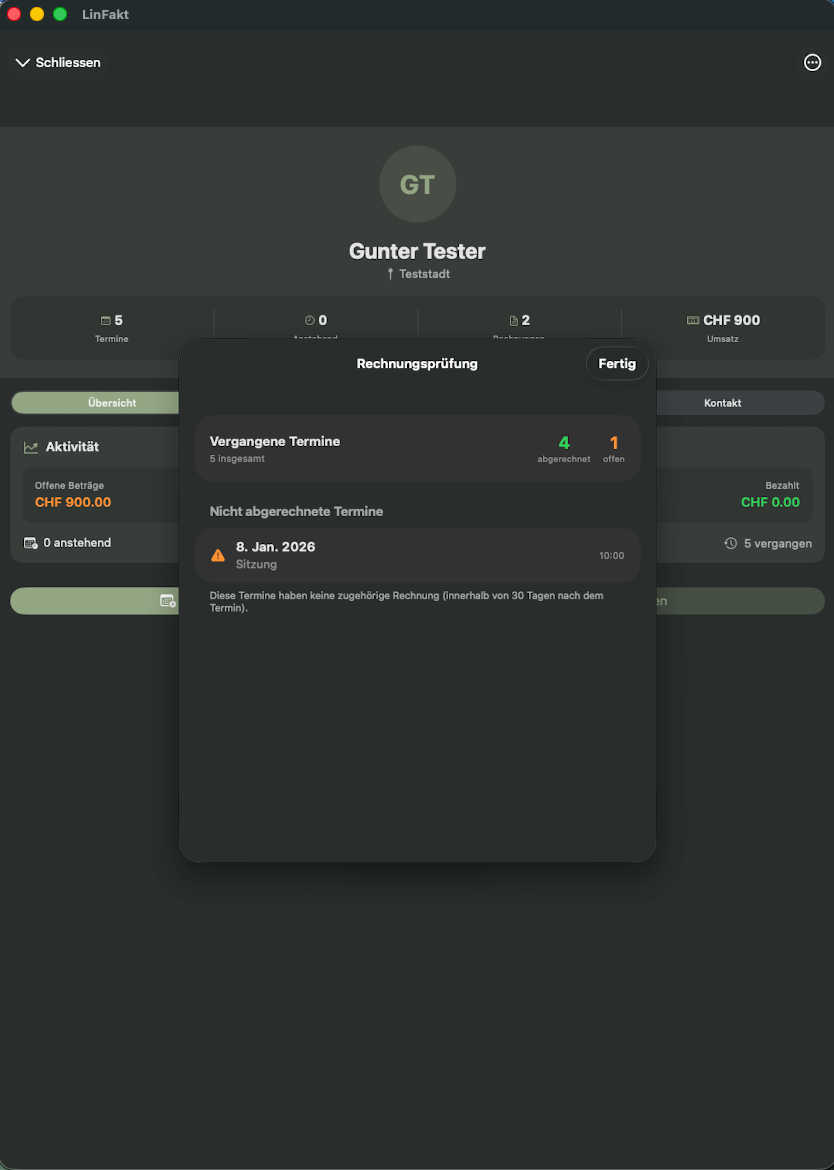 LinFakt nicht abgerechnete Termine finden