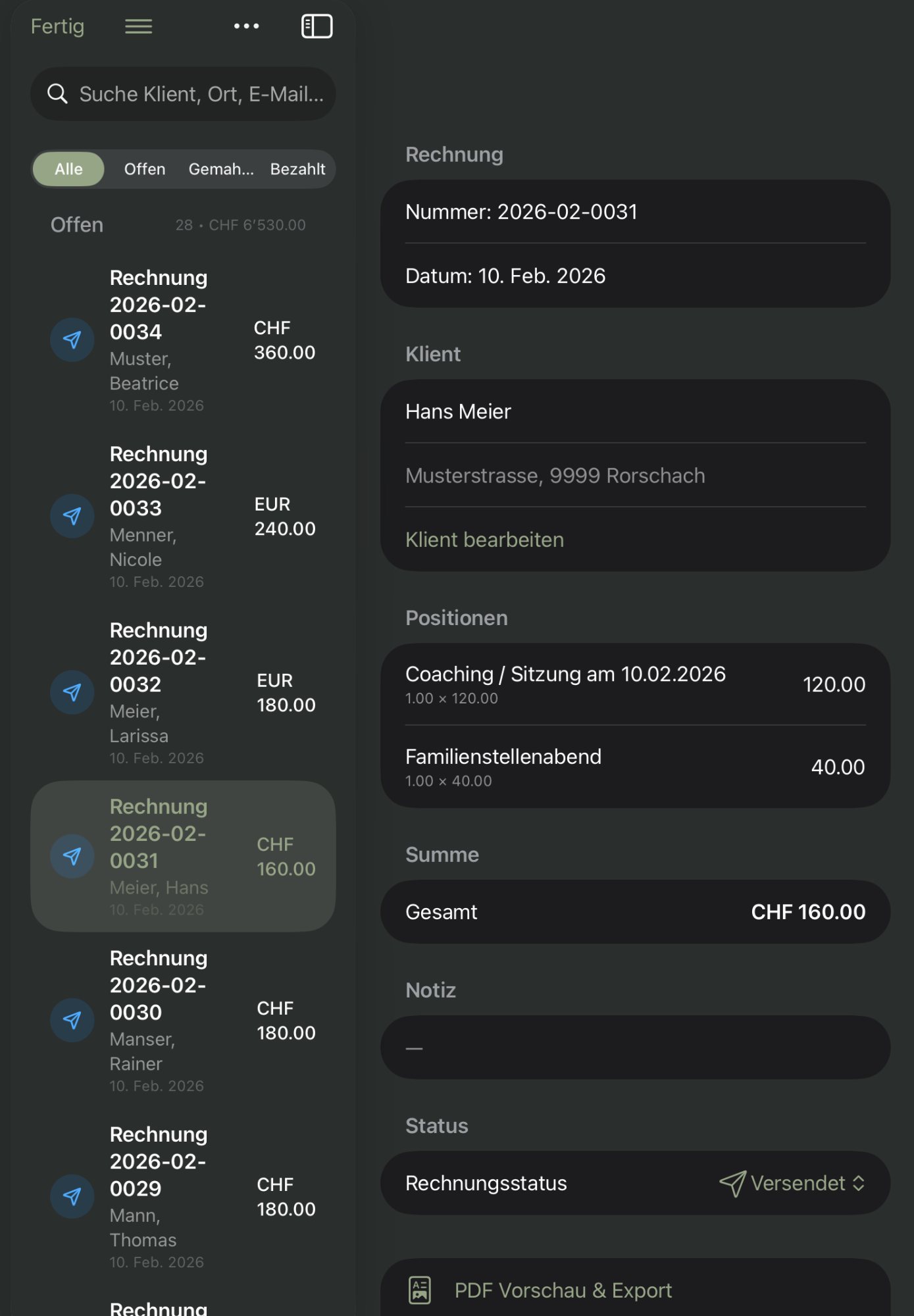 LinFakt Rechnungsübersicht